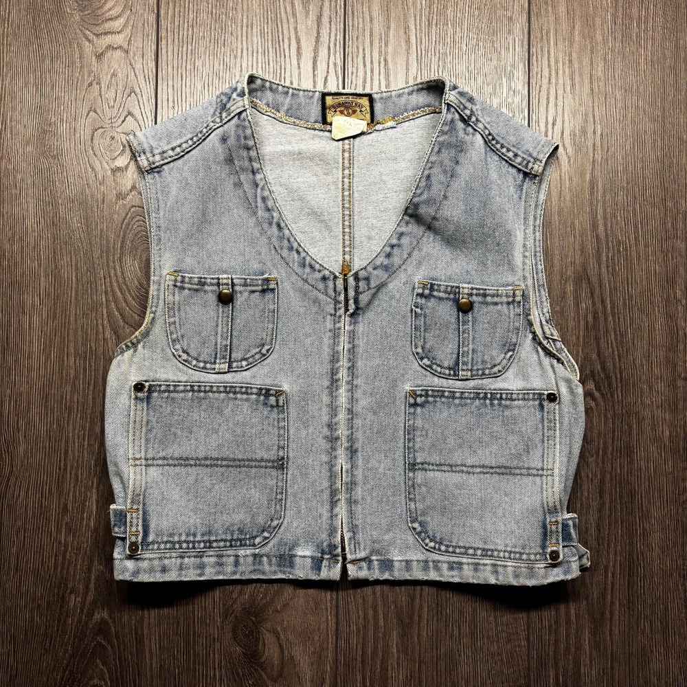 Vintage Runaway Bay 1990s Cargo Denim Vest Zip Small Utility Fishing
